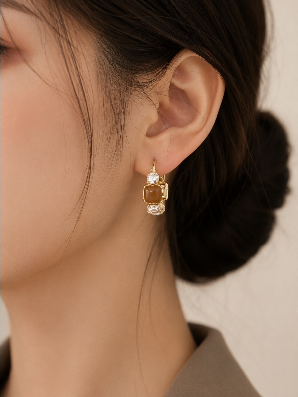 Vintage Inspired Crystal & Brown Epoxy Hoop Y2K Geometric Statement Earrings